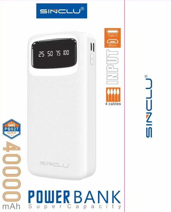 Built-in 4 Cables output 40000mah Sinclu PB-027 Portable Power Bank Charge With LED Screen Power Display