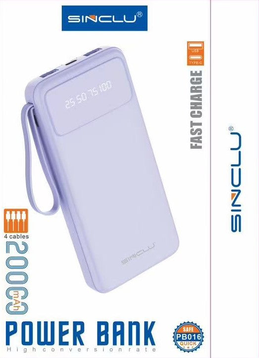 Built-in 4 Cables output 20000mah Sinclu PB-016 Portable Power Bank Charge With LED Screen Power Display