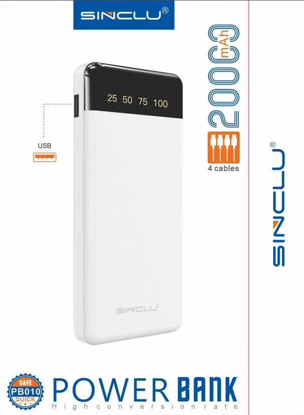 Built-in 4 Cables output 20000mah Sinclu PB-010 Portable Power Bank Charge With LED Screen Power Display