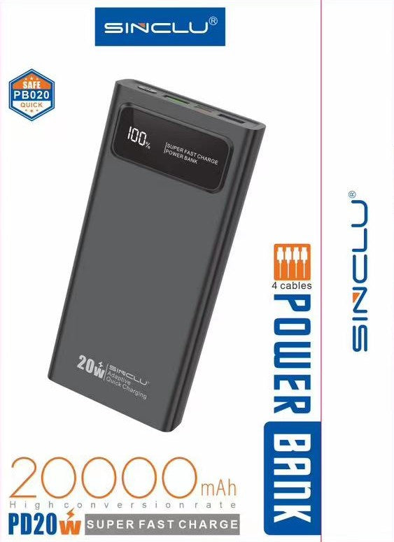 Built-in 4 Cables output 20000mah Sinclu PB-020 Portable Power Bank Charge With LED Screen Power Display