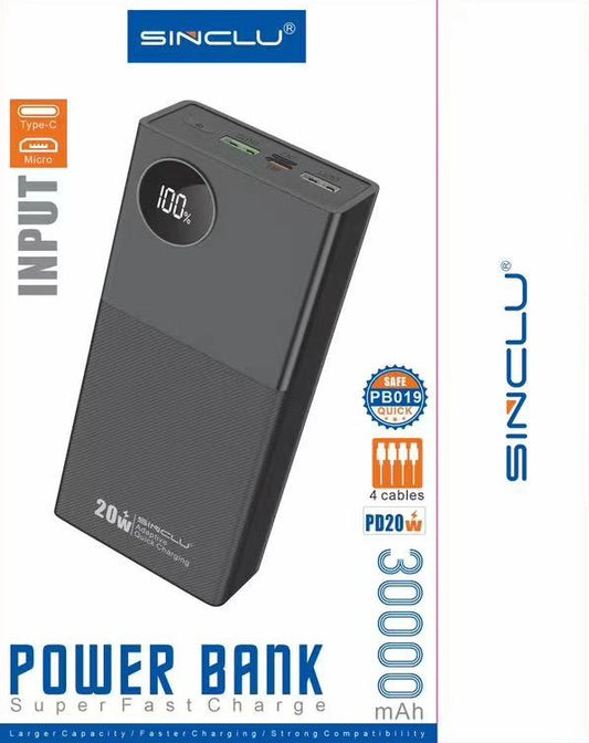 Built-in 4 Cables output 30000mah Sinclu PB-019 Portable Power Bank Charge With LED Screen Power Display