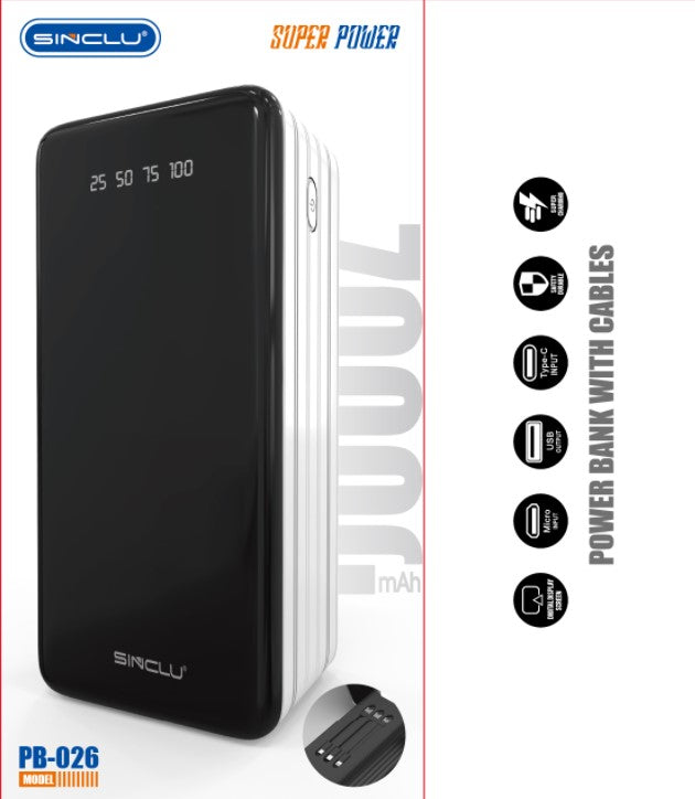 Built-in 4 Cables output 70000mah Sinclu PB-026 Portable Power Bank Charge With LED Light