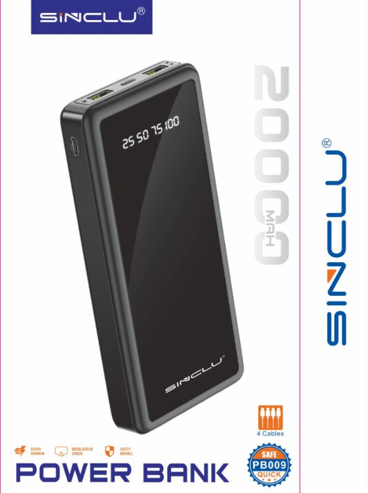 Built-in 4 Cables output 20000mah Sinclu PB-009 Portable Power Bank Charge With LED Screen Power Display