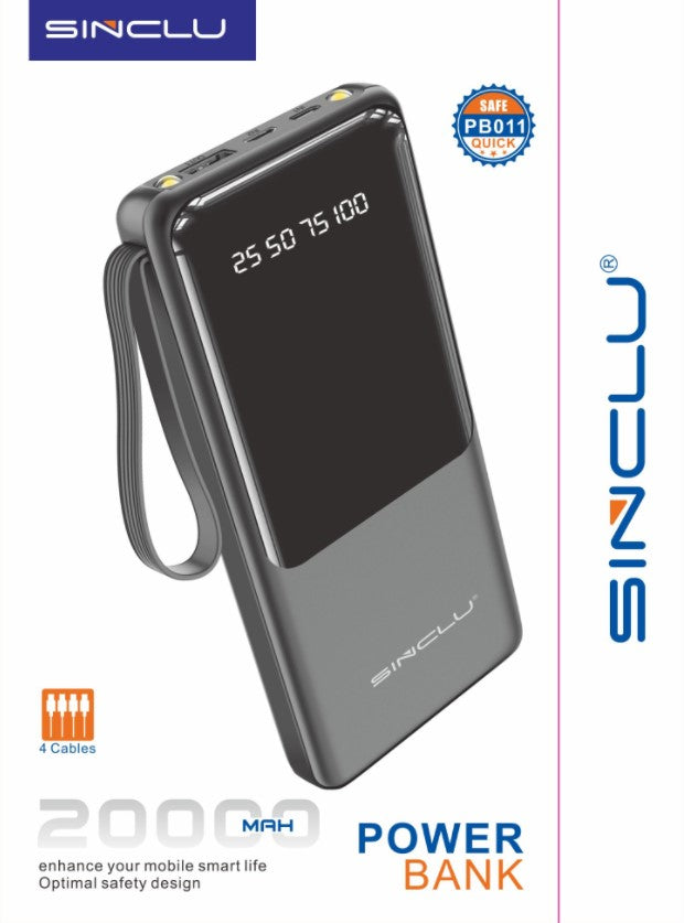 Built-in 4 Cables output 20000mah Sinclu PB-011 Portable Power Bank Charge With LED Screen Power Display