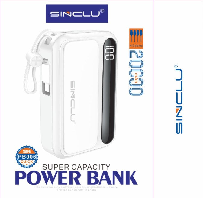 Built-in 4 Cables output 20000mah Sinclu PB-006 Portable Power Bank Charge With LED Screen Power Display