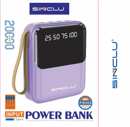 Built-in 4 Cables output 20000mah Sinclu PB-005 Portable Power Bank Charge With LED Screen Power Display